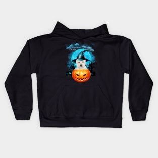 West Highland White Terrier Witch Hat Pumpkin And Blue Moon Kids Hoodie